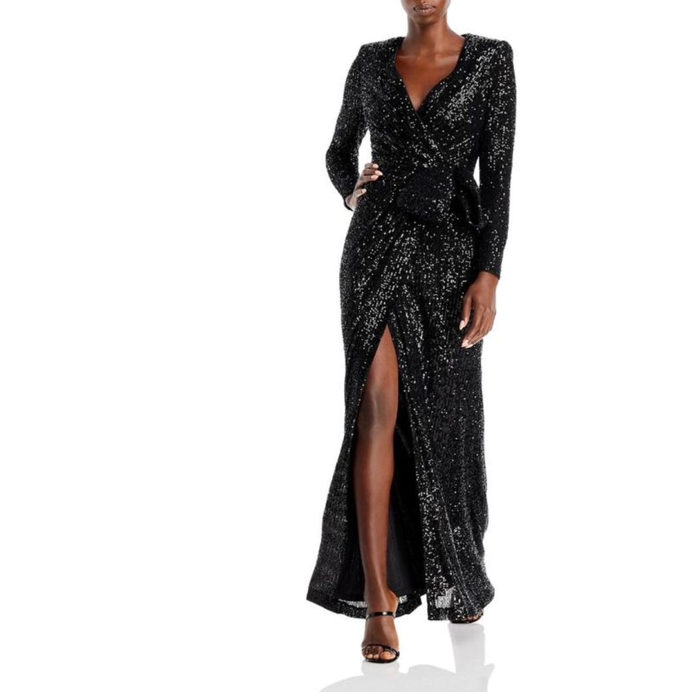 Eliza J Black Sequin Long Sleeve Wrap Gown